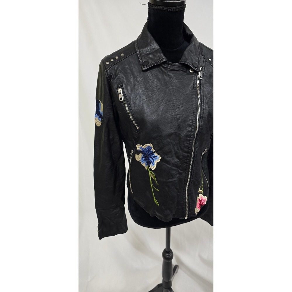 Ci Sono women L black faux leather moto jacket floral embroidery grunge gothic - Picture 5 of 15